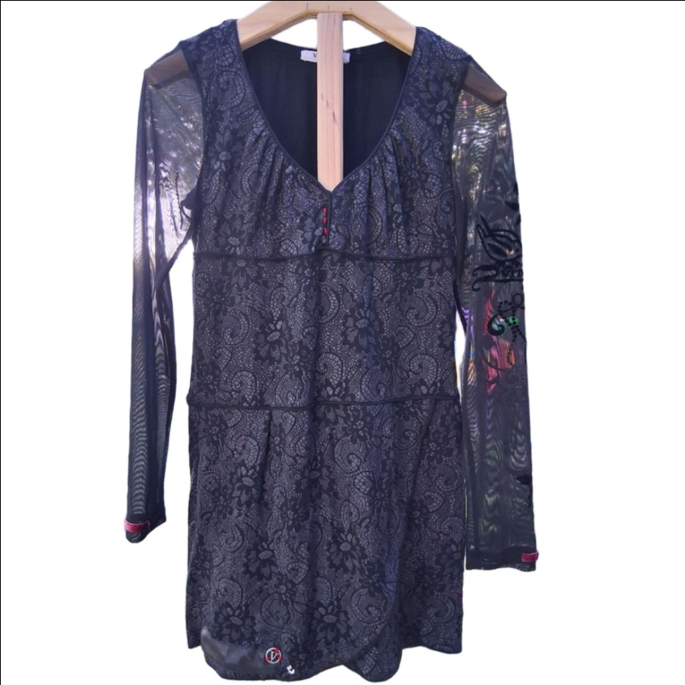 VITRIN DESIGN Black Grey Lace Print Long Sleeve Dress S Gothic Festival Party